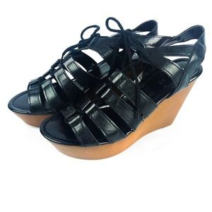 👠NWT! Black Strappy Lace Up Wedge Shoes Lrg 9/10